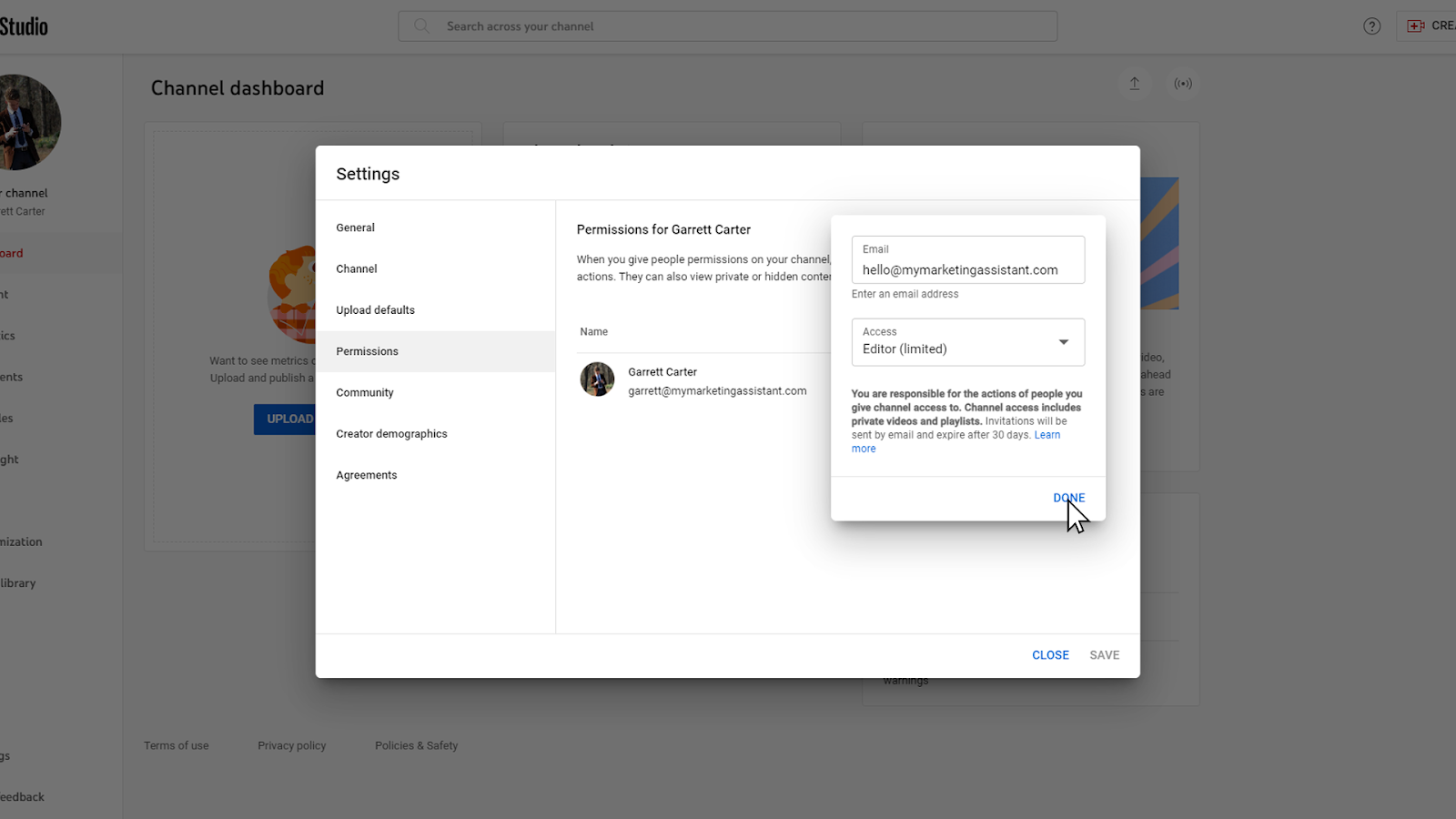 Clicking done in YouTube settings
