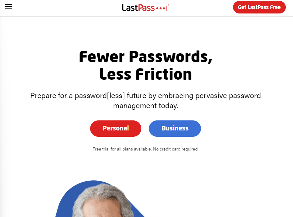 Home page of LastPass.com showing button "get lastpass free"