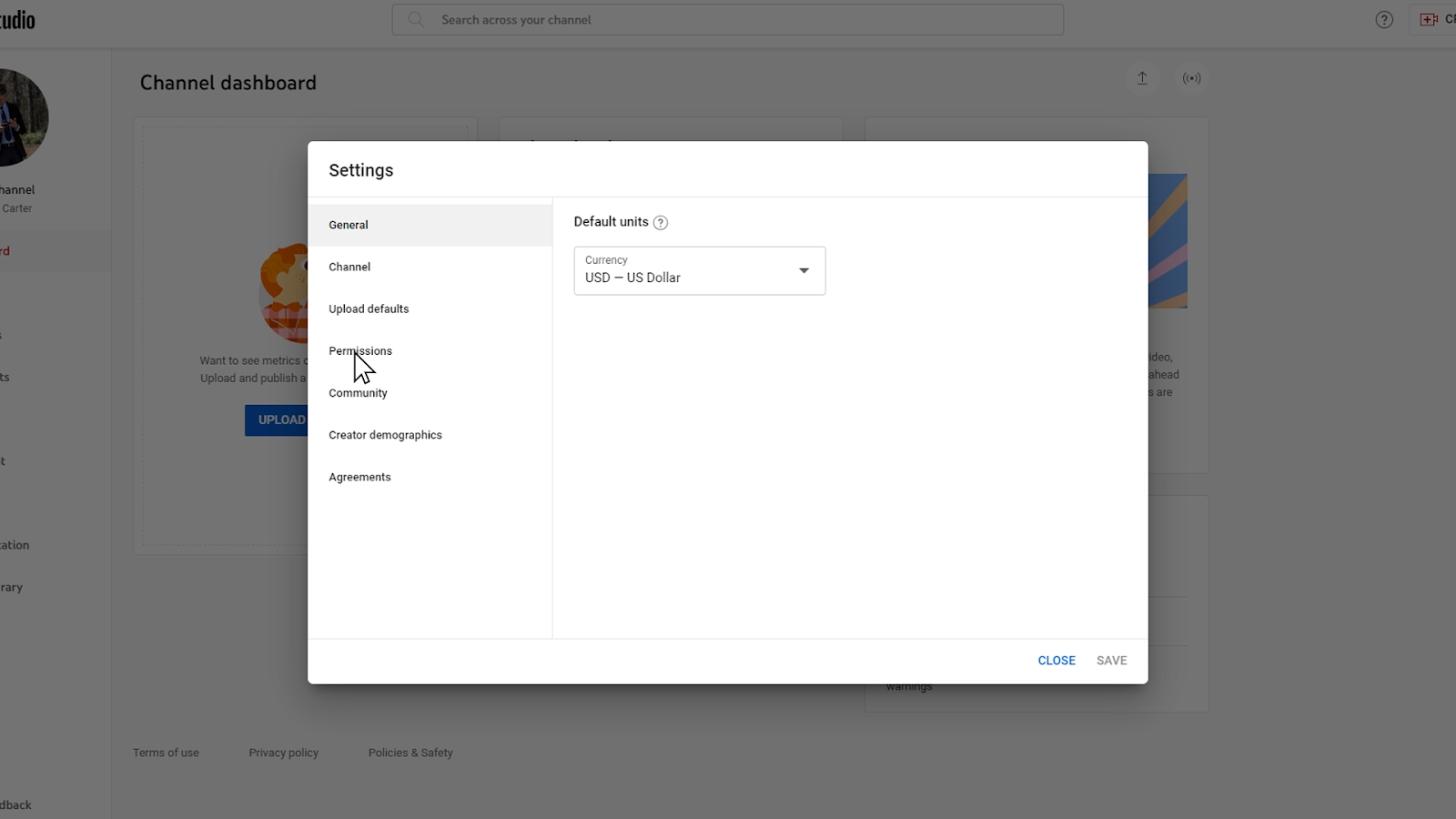 Settings and permissions in YouTube admin settings
