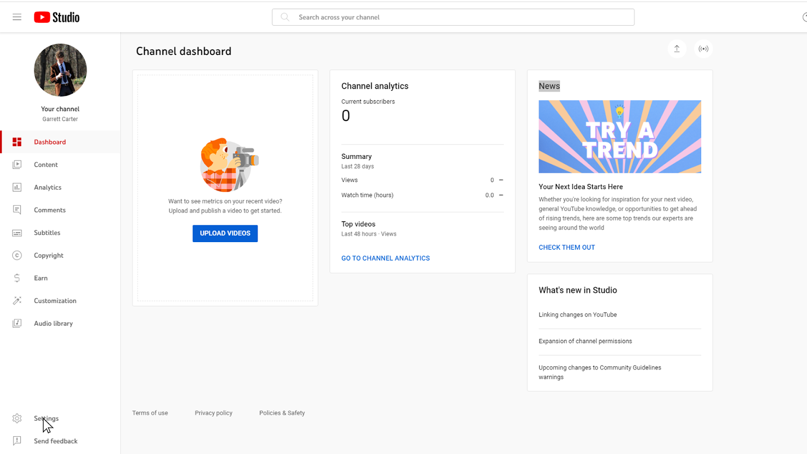 YouTube Studio dashboard showing where to click