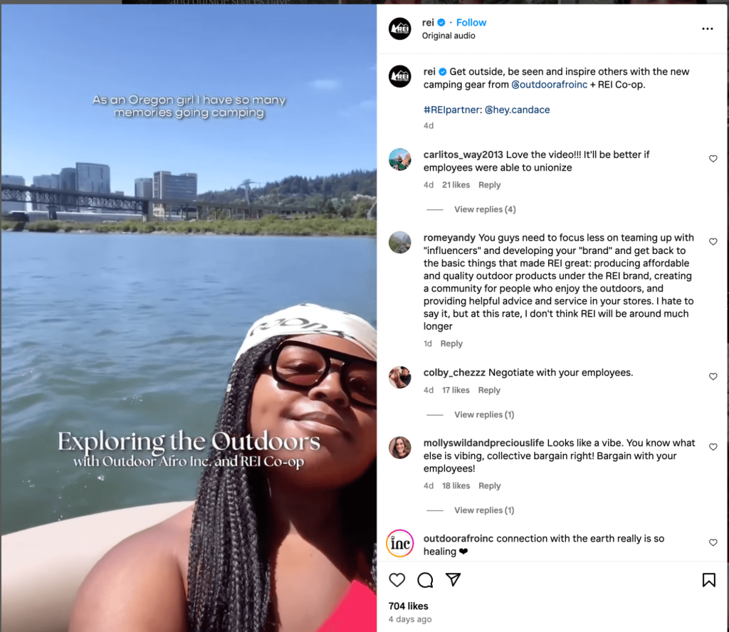 Outdoor retailer REI promotes its mission through active lifestyle using user content on  Instagram