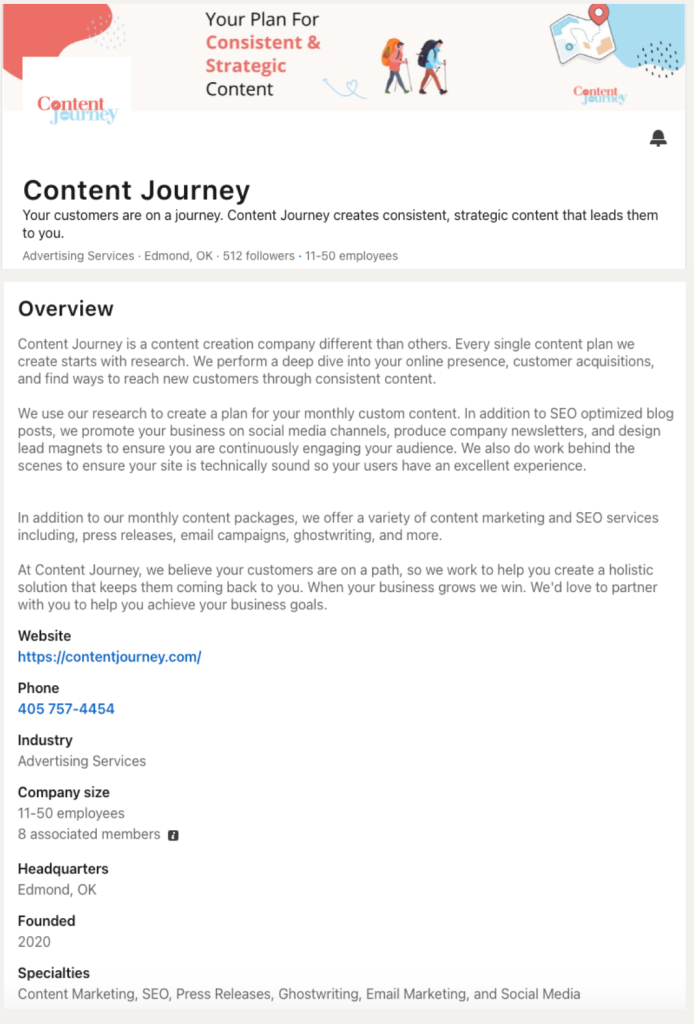 Sample bio of Content Journey showing essential elements of strong Linkedln bio