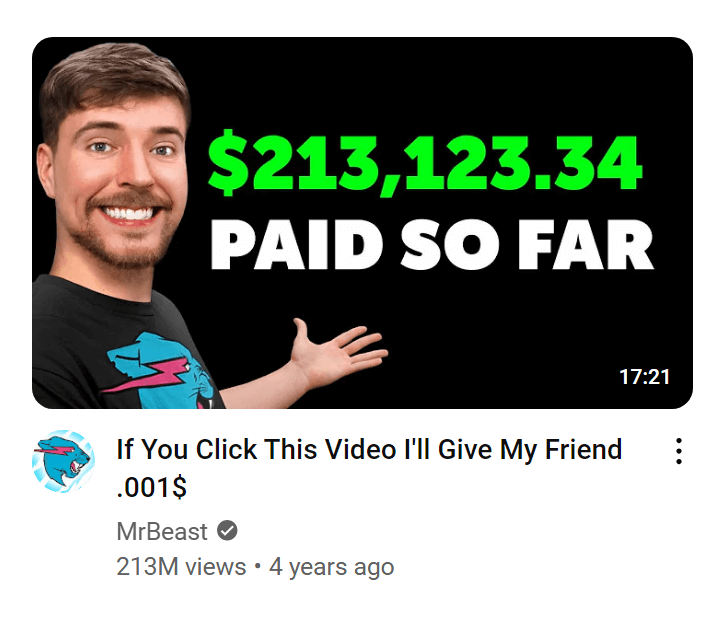 MrBeast Youtube channel video thumbnail for If You Click This Video I'll Give My Friend 0.01$