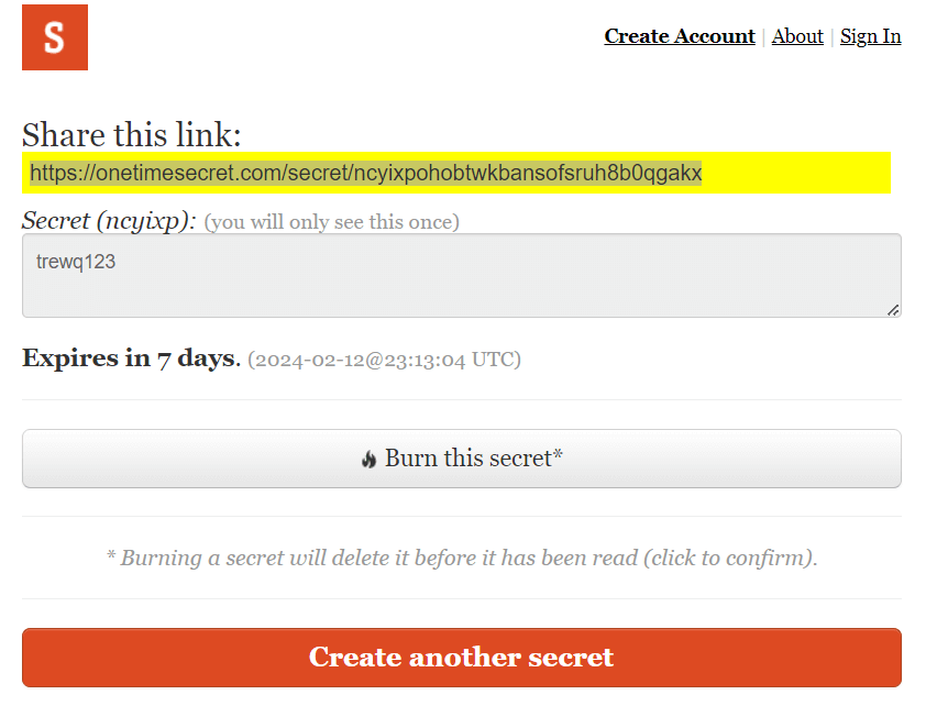 One Time Secret highlighted secret link