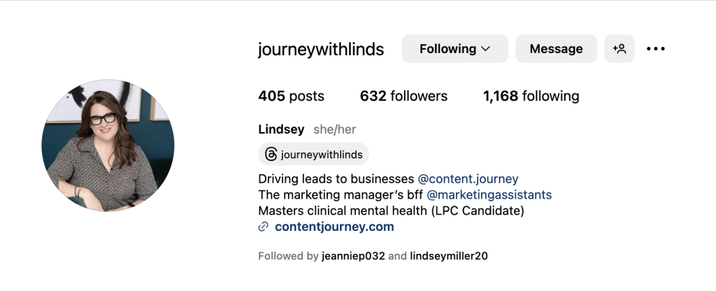 Sample Instagram bio for personal account of Lindsey