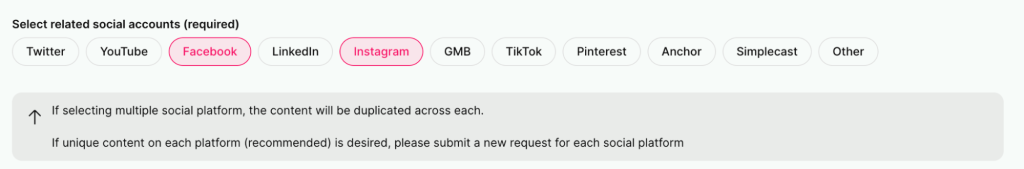 Social accounts selection such as Facebook, Instagram, and etc