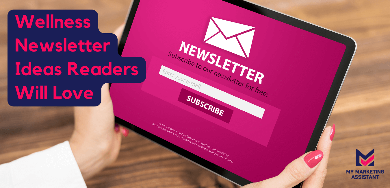 Woman holding tablet on table showing newsletter on screen